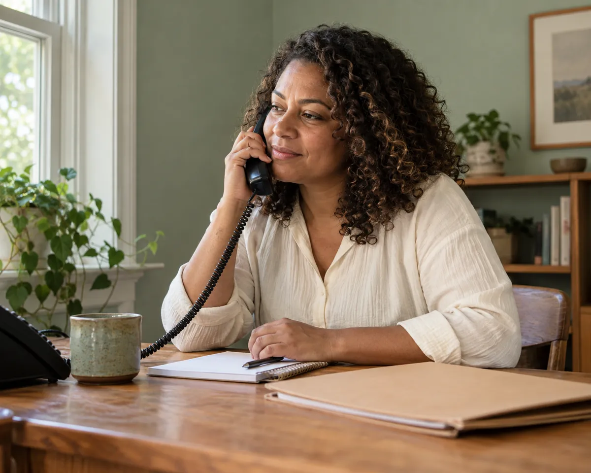 An advocate listening on the phone at a wooden desk with a notebook and case folder.