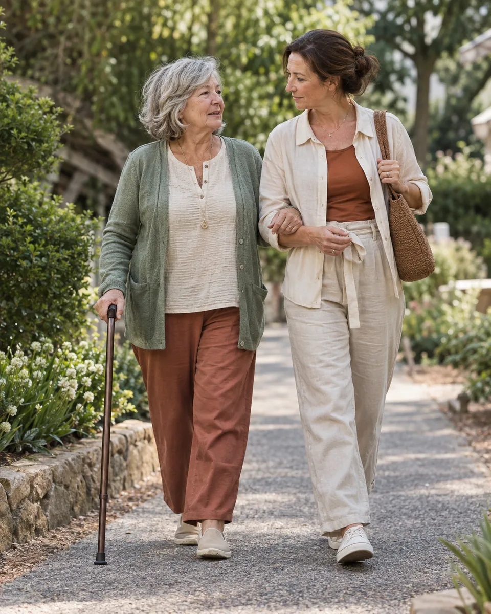 A woman in her sixties walking with a cane beside her adult daughter on a garden path.