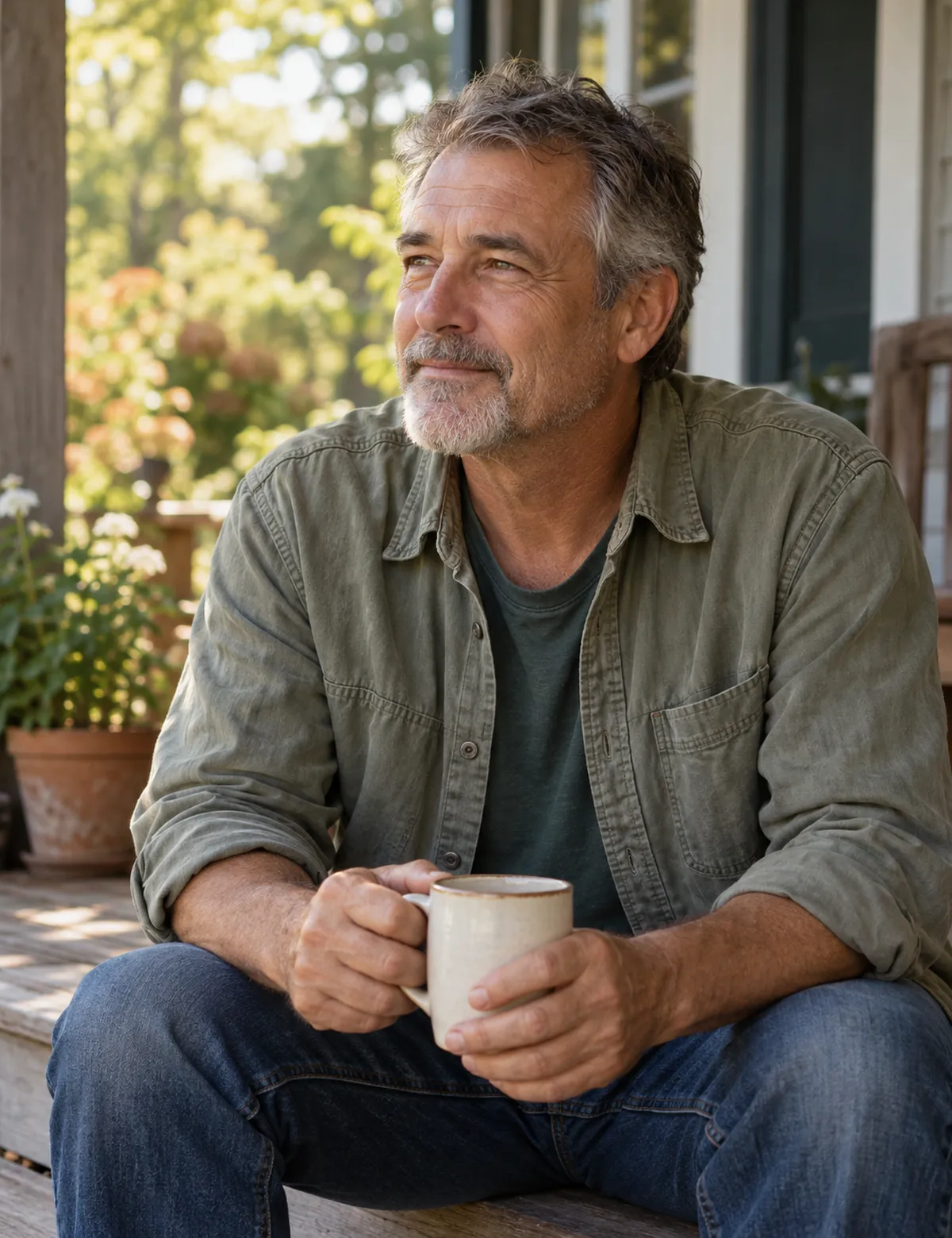 A man in his fifties sits on his front porch in the morning, holding a cup of coffee and looking off-camera.