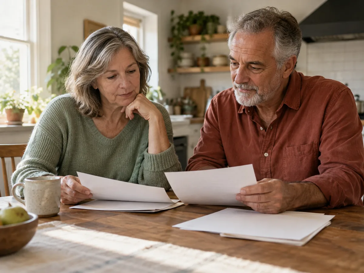 A couple in their late fifties sit together at their kitchen table, reading through a stack of papers.